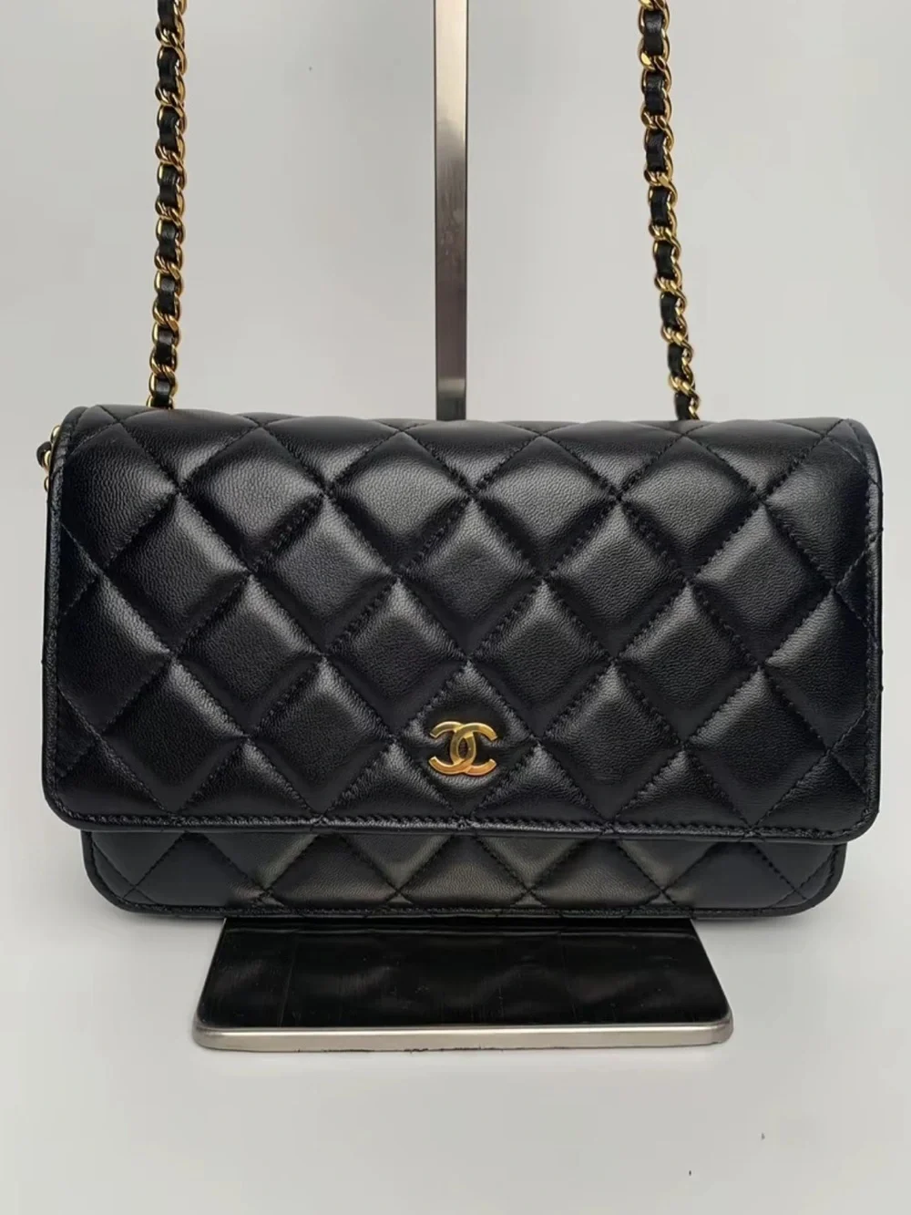 CHANEL Black Quilted Leather Wallet-on-Chain with Gold Hardware